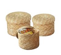 Cestas de almacenamiento de paja tejida con tapa, contenedores organizadores redondos de 3 piezas para dormitorio, lavandería, refrigerio y decoración del hogar