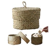 Cestas de almacenamiento pequeñas de pasto marino con tapa, caja de almacenamiento redonda de paja con asa, cesta de mimbre, organización del hogar para refrigerios, llaves, decoración de escrit