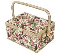 Cestas de coser de poliéster Herramientas de costura Caja organizadora, tablero inferior de madera, cesta de costura de diseño de doble capa con asa para trabajo manual, hogar, almacenamiento(Rosa)