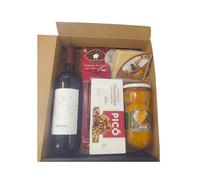 Cestas de navidad para Regalo con Melocotón de Calanda en Almíbar, Queso Curado de Oveja al Romero de Albarracín y Botella de Vino tinto Delicias de Lledó - Lote Gourmet