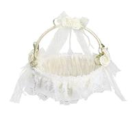 Cestas de niña de flores para boda, cesta de flores de boda con lazo de encaje de hadas con asa plegable y diamantes de imitación, colección de encaje satinado marfil