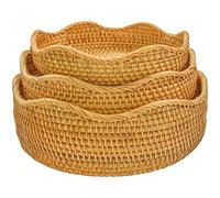 Cestas redondas de mimbre de ratán para decoración de frutas y verduras para servir patatas, cebollas, pan, apilables, 3 soportes para frutas para organizar la encimera de cocina (marrón miel)