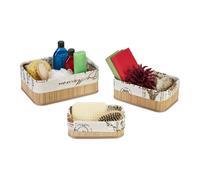 Relaxdays Almacenamiento Set de 3, Pongotodos 3 Tamaños, Bambú y Poliéster, Cestas Apilables Baño, Natural y Crema