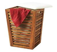 Relaxdays cesto ropa con asiento, banco de baño con almacenaje, 50 L, 65x40x40 cm, madera de acacia y tela marrón/blanco