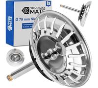 Cesto colador de Fregadero, Ø 79 mm, Compatible con Blanco 119146, cesto colador de 3,5" con 18 Ranuras, espita excéntrica 52-97 mm, Espiga Ø 8 mm, Repuesto Fregadero de Cocina