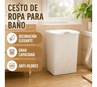 Cesto de Ropa Sucia 4 Colores con Tapa Anti-Olores, 49x39x30cm, Diseño Rústico de Mimbre Plástico, Gran Capacidad, Resistente y Fácil de Limpiar, Ideal para Baño y Lavandería, Organiza tu Hogar con Gr