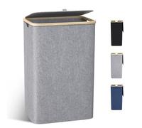 Cesto de Ropa Sucia con Tapa 100L - Cesto de Ropa Plegable con Asa de Bambú y Bolsillo Extraíble, Cubo Ropa Sucia para Dormitorio, Baño y Lavandería, Gris