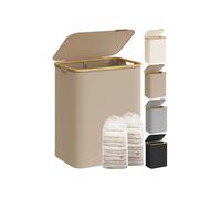 SONGMICS Cesto de Ropa Sucia con Tapa, Gran Cesta Colada de 2 Secciones, 130 L, Forro de Malla Extraíble, Tejido Oxford, Asas Bambú, Plegable, 52 x 38,5 x 70,5 cm, Marrón Camello LCB513LJ01