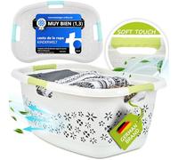 Cesto para la ropa sucia de 50 L con forma ergonómica, asas suaves al tacto, diseño transpirable y aspecto floral decorativo (blanco/verde menta)