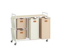 VASAGLE Cesto para Ropa Sucia, 4 Compartimentos, Cesta Ropa Sucia 150 L, con Estante Ruedas, Bolsa Colada, con Bolsillos Extraíbles, 6 Etiquetas, Beige Natural, Marrón Camello y Blanco Crema BLH203N01