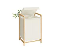 SONGMICS Cesto para Ropa Sucia de 2 Compartimentos, Marco de Bambú, Tapa Reforzada y Extraíble, Bolsa Interior Desmontable, 100 L, Blanco Crema RLH102WD01
