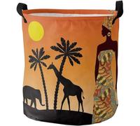 Cesto Para Ropa Sucia Paisaje Africano Al Atardecer Elefante Jirafa Mujer Negra Redonda De Almacenamiento Plegable Decorativas Cesta Para La Ropa, Para Juguetes, Dormitorio, Baño, 60L
