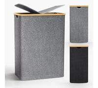 Cesto Ropa Sucia 2 Compartimentos 140 L - Cesta Ropa Sucia con Tapa de Gran Capacidad con Asa de Bambú y 2 Bolsas Interiores Extraíbles, Adecuado para Dormitorio, Baño y Lavandería, Gris