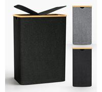 Cesto Ropa Sucia 2 Compartimentos 140 L - Cesta Ropa Sucia con Tapa de Gran Capacidad con Asa de Bambú y 2 Bolsas Interiores Extraíbles, Adecuado para Dormitorio, Baño y Lavandería, Negro