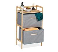 Relaxdays Estantería Colada Cesto de Ropa Sucia con Estante de Bambú, 2 Cajones de Tela, 76 x 43 x 27 cm, Organizador Baño, Natural y Gris