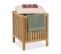 Relaxdays Cesto Ropa Sucia con Asiento, Tabuerete Almacenaje Colada, 30 L, 51 x 38 x 38 cm, Madera, Tela, Natural/Blanco