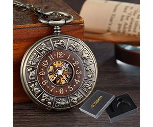 CETEOR Relojes de Bolsillo para Hombres, Paquete de Caja de Madera Maciza Reloj de Bolsillo mecánico Cadena medallón Dial Hueco Steampunk Esqueleto Hombres Reloj Redondo 2(Watch2 with Box)