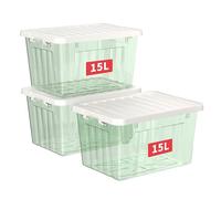 Cetomo 15L*3 Cajas de Almacenamiento con Tapas, Contenedores de Plástico con Broches de Enganche, Clip On, Apilables, Encajables, Organizador Rayado para Ropa Juguetes Armario, Verde Claro, 15L-3 Pack