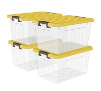 Cetomo 15L*4 Cajas de Almacenamiento con Tapas, Contenedores de Plástico con Broches de Enganche, Apilables, Encajables, Organizador Rayado para Ropa Juguetes Armario, Amarillo & Claro, 15L-4 Pack