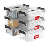 Cetomo 15L*6 Caja de Almacenamiento con Asa, Caja de Plástico con Tapa y Cierre Seguro, Contenedor de Almacenamiento, Duradera, Apilable, Resistentes, Transparente, Paquete de 6 de 15L