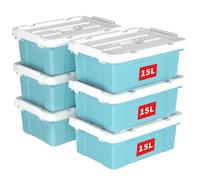 Cetomo 15L*6 Caja de Almacenamiento con Asa, Caja de Plástico con Tapa y Cierre Seguro, Contenedor de Almacenamiento, Duradera, Apilable, Resistentes, Azul, Paquete de 6 de 15L