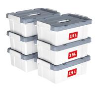 Cetomo 15L*6 Caja de Almacenamiento con Asa, Caja de Plástico con Tapa y Cierre Seguro, Contenedor de Almacenamiento, Duradera, Apilable, Resistentes, Blanco, Paquete de 6 de 15L