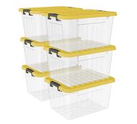 Cetomo 15L*6 Cajas de Almacenamiento con Tapas, Contenedores de Plástico con Broches de Enganche, Apilables, Encajables, Organizador Rayado para Ropa Juguetes Armario, Amarillo & Claro, 15L-6 Pack