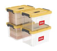 Cetomo 20L*4 Caja de Almacenamiento con Asa, Caja de Plástico con Tapa y Cierre Seguro, Contenedor de Almacenamiento, Duradera, Apilable, Resistentes, Amarillo & Claro, Paquete de 4 de 20L