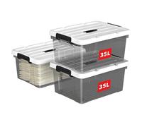 Cetomo 35L*3 Caja de Almacenamiento con Asa, Caja de Plástico con Tapa y Cierre Seguro, Contenedor de Almacenamiento Grande, Duradera, Apilable, Resistentes, Negro Transparente, Paquete de 3 de 35L