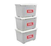 Cetomo 35L*3 Cajas de Almacenamiento con Tapas, Contenedores de Plástico con Ruedas, Clip On, Apilables, Encajables, Organizador Rayado para Oficina en Casa, Gris, 35L-3 Pack