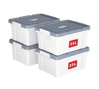 Cetomo 35L*4 Caja de Almacenamiento con Asa, Caja de Plástico con Tapa y Cierre Seguro, Contenedor de Almacenamiento Grande, Duradera, Apilable, Resistentes, Blanco, Paquete de 4 de 35L