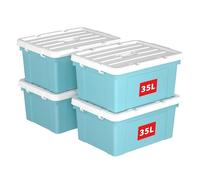 Cetomo 35L*4 Caja de Almacenamiento con Asa, Caja de Plástico con Tapa y Cierre Seguro, Contenedor de Almacenamiento Grande, Duradera, Apilable, Resistentes, Azul, Paquete de 4 de 35L
