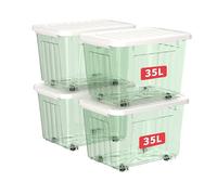 Cetomo 35L*4 Cajas de Almacenamiento con Tapas, Contenedores de Plástico con Ruedas, Clip On, Apilables, Encajables, Organizador Rayado para Oficina en Casa, Verde Claro, 35L-4 Pack