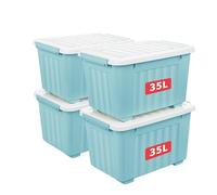 Cetomo 35L*4 Cajas de Almacenamiento con Tapas, Contenedores de Plástico con Ruedas, Clip On, Apilables, Encajables, Organizador Rayado para Oficina en Casa, Azul, 35L-4 Pack