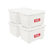Cetomo 35L*4 Cajas de Almacenamiento con Tapas, Contenedores de Plástico con Ruedas, Clip On, Apilables, Encajables, Organizador Rayado para Oficina en Casa, Blanco, 35L-4 Pack