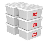 Cetomo 35L*6 Caja de Almacenamiento con Asa, Caja de Plástico con Tapa y Cierre Seguro, Contenedor de Almacenamiento Grande, Duradera, Apilable, Resistentes, Gris, Paquete de 6 de 35L