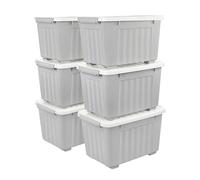 Cetomo 35L*6 Cajas de Almacenamiento con Tapas, Contenedores de Plástico con Ruedas, Clip On, Apilables, Encajables, Organizador Rayado para Oficina en Casa, Gris, 35L-6 Pack