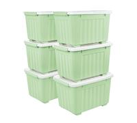 Cetomo 35L*6 Cajas de Almacenamiento con Tapas, Contenedores de Plástico con Ruedas, Clip On, Apilables, Encajables, Organizador Rayado para Oficina en Casa, Verde, 35L-6 Pack