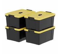 Cetomo 4 cajas de almacenamiento de plástico con tapas, asa y hebillas de cierre para herramientas al aire libre, jardín, garaje, hogar, duradera, resistente, apilable, anidable, negro y amarillo, 65
