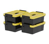 Cetomo 4 cajas de almacenamiento de plástico con tapas, asa y hebillas de cierre para herramientas al aire libre, jardín, garaje, hogar, duradera, resistente, apilable, anidable, negro y amarillo, 15