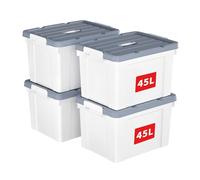 Cetomo 45L*4 Caja de Almacenamiento con Asa, Caja de Plástico con Tapa y Cierre Seguro, Contenedor de Almacenamiento Grande, Duradera, Apilable, Resistentes, Blanco, Paquete de 4 de 45L