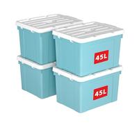 Cetomo 45L*4 Caja de Almacenamiento con Asa, Caja de Plástico con Tapa y Cierre Seguro, Contenedor de Almacenamiento Grande, Duradera, Apilable, Resistentes, Azul, Paquete de 4 de 45L