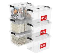 Cetomo 45L*6 Caja de Almacenamiento con Asa, Caja de Plástico con Tapa y Cierre Seguro, Contenedor de Almacenamiento Grande, Duradera, Apilable, Resistentes, Transparente, Paquete de 6 de 45L
