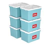 Cetomo 45L*6 Caja de Almacenamiento con Asa, Caja de Plástico con Tapa y Cierre Seguro, Contenedor de Almacenamiento Grande, Duradera, Apilable, Resistentes, Azul, Paquete de 6 de 45L