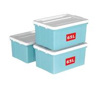 Cetomo 65L*3 Caja de Almacenamiento con Ruedas, Caja de Plástico con Tapa y Cierre Seguro, Contenedor de Almacenamiento Grande, Duradera, Apilable, Resistentes, Azul, Paquete de 3 de 65L