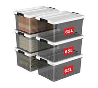 Cetomo 65L*6 Caja de Almacenamiento, Caja de Plástico con Tapa y Cierre Seguro, Contenedor de Almacenamiento Grande, Duradera, Apilable, Resistentes, Negro Transparente, Paquete de 6 de 65L