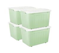 Cetomo 80L*4 Cajas de Almacenamiento con Tapas, Contenedores de Plástico con Ruedas, Clip On, Apilables, Encajables, Organizador Rayado para Oficina en Casa, Verde, 80L-4 Pack