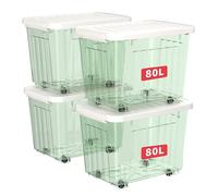Cetomo 80L*4 Cajas de Almacenamiento con Tapas, Contenedores de Plástico con Ruedas, Clip On, Apilables, Encajables, Organizador Rayado para Oficina en Casa, Verde Claro, 80L-4 Pack