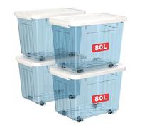 Cetomo 80L*4 Cajas de Almacenamiento con Tapas, Contenedores de Plástico con Ruedas, Clip On, Apilables, Encajables, Organizador Rayado para Oficina en Casa, Azul Claro, 80L-4 Pack