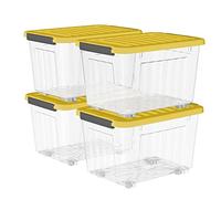 Cetomo 80L*4 Cajas de Almacenamiento con Tapas, Contenedores de Plástico con Ruedas, Clip On, Apilables, Encajables, Organizador Rayado para Oficina en Casa, Amarillo & Claro, 80L-4 Pack